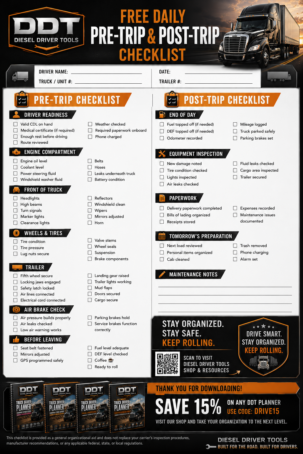 Free pre-trip and post trip checklist